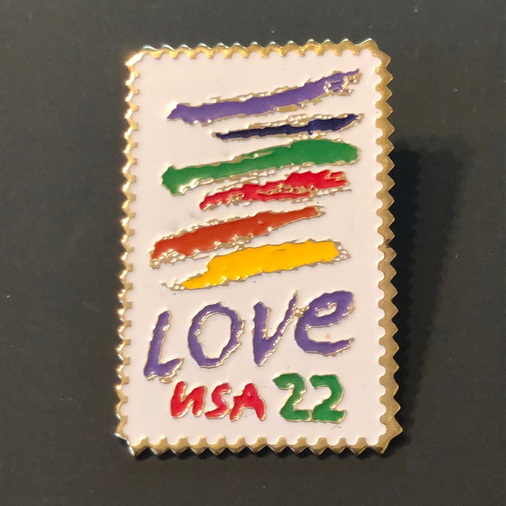 VTG 22c Love Stamp Pin Crayon Mail White Colors Postal Pin back circa 1985